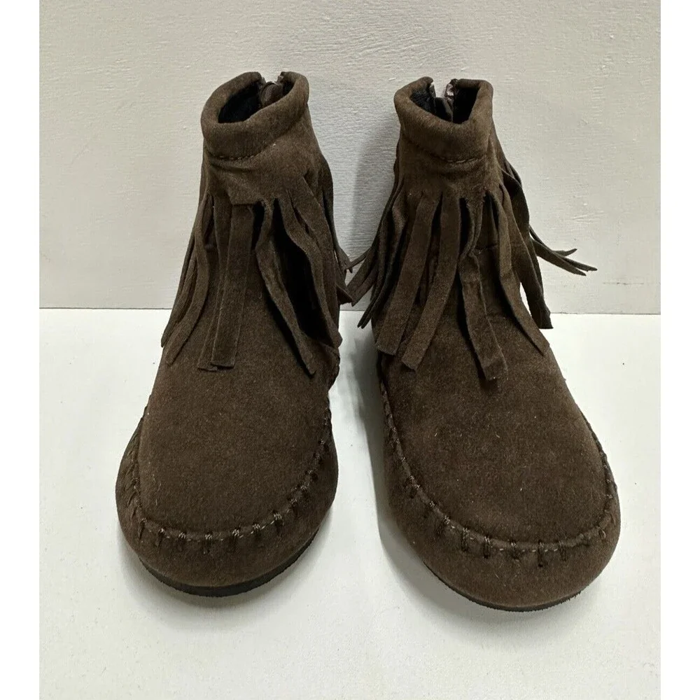 The Doll Maker girl toddler sz 5 fringe brown faux suede zipper flat ankle boots